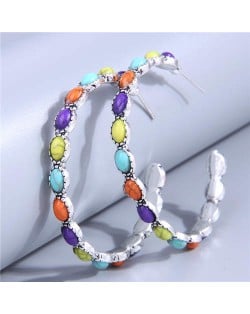 Retro Turquoise Inlaid Metallic Exaggerated Women Temperament Wholesale Fashion Earrings - Multicolor
