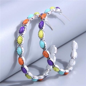 Retro Turquoise Inlaid Metallic Exaggerated Women Temperament Wholesale Fashion Earrings - Multicolor
