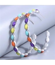 Retro Turquoise Inlaid Metallic Exaggerated Women Temperament Wholesale Fashion Earrings - Multicolor