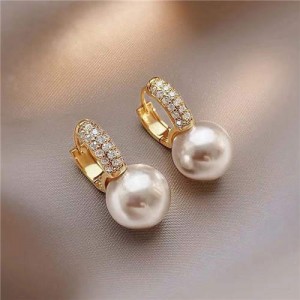 Graceful Pearl and Rinestone Embellished Korean Fashion Wholesale Huggie Earrings