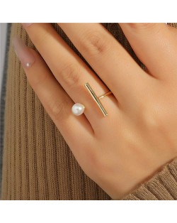 Korean Style Vertical Line and Pearl Unique Design Women Open Wholesale Ring