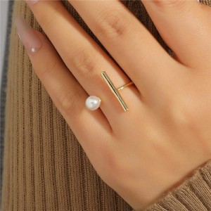 Korean Style Vertical Line and Pearl Unique Design Women Open Wholesale Ring