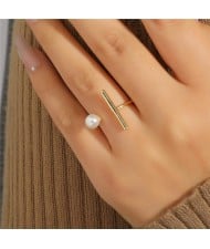 Korean Style Vertical Line and Pearl Unique Design Women Open Wholesale Ring