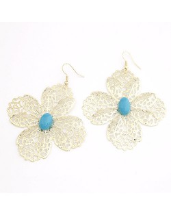 Sweet Hollow-out Clover with Blue Gem Centered Korean Fashion Earrings