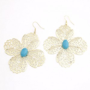 Sweet Hollow-out Clover with Blue Gem Centered Korean Fashion Earrings