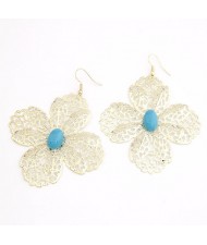 Sweet Hollow-out Clover with Blue Gem Centered Korean Fashion Earrings