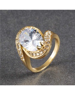 Oval Shape Big Cubic Zirconia Fashion Women Wholesale Ring - White