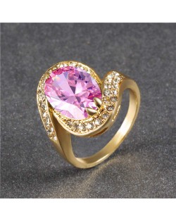 Oval Shape Big Cubic Zirconia Fashion Women Wholesale Ring - Pink