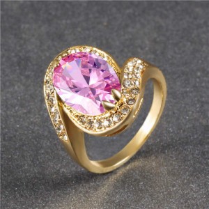 Oval Shape Big Cubic Zirconia Fashion Women Wholesale Ring - Pink