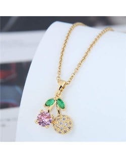 Lovely Pink Cherry Pendant Women Copper Wholesale Necklace - Golden