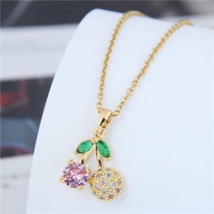 Lovely Pink Cherry Pendant Women Copper Wholesale Necklace - Golden