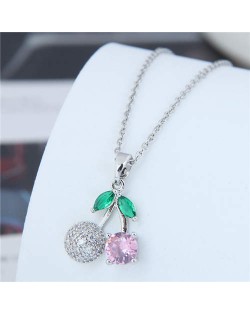 Lovely Pink Cherry Pendant Women Copper Wholesale Necklace - Silver