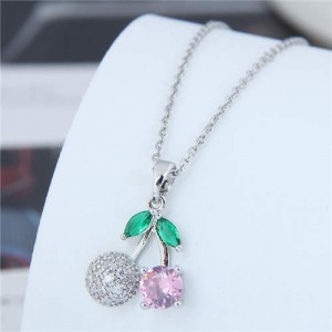 Lovely Pink Cherry Pendant Women Copper Wholesale Necklace - Silver