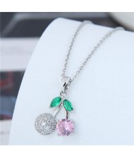Lovely Pink Cherry Pendant Women Copper Wholesale Necklace - Silver
