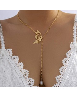 Hollow-out Butterfly with Pearl Pendant Women Wholesale Lariat Necklace - Golden
