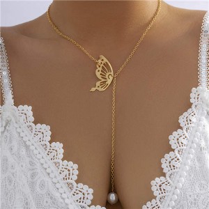 Hollow-out Butterfly with Pearl Pendant Women Wholesale Lariat Necklace - Golden