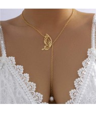 Hollow-out Butterfly with Pearl Pendant Women Wholesale Lariat Necklace - Golden