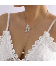 Hollow-out Butterfly with Pearl Pendant Women Wholesale Lariat Necklace - Silver