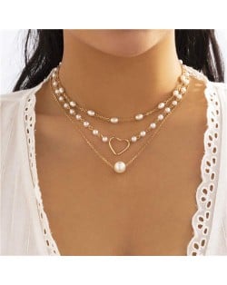 Heart and Pearls Decorated Multilayer Thin Chain Women Wholesale Necklace - Golden