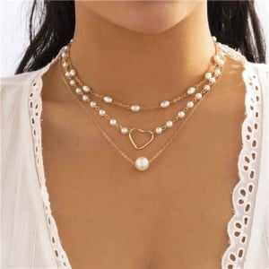 Heart and Pearls Decorated Multilayer Thin Chain Women Wholesale Necklace - Golden