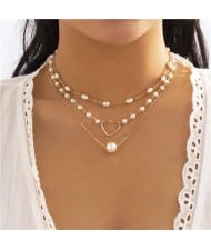 Heart and Pearls Decorated Multilayer Thin Chain Women Wholesale Necklace - Golden