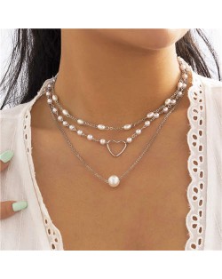 Heart and Pearls Decorated Multilayer Thin Chain Women Wholesale Necklace - Silver