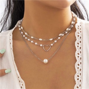 Heart and Pearls Decorated Multilayer Thin Chain Women Wholesale Necklace - Silver