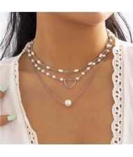 Heart and Pearls Decorated Multilayer Thin Chain Women Wholesale Necklace - Silver