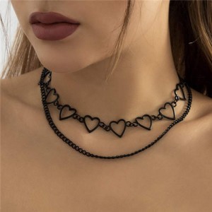 Gothic Style Black Hollow-out Hearts Dual-layer Chain Women Statement Choker Necklace