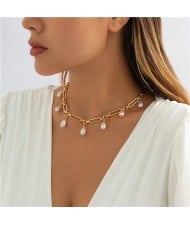 Water Drop Shape Pearls Pendant Hollow-out Alloy Chain Women Wholesale Statement Necklace - Golden