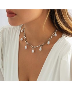 Water Drop Shape Pearls Pendant Hollow-out Alloy Chain Women Wholesale Statement Necklace - Silver