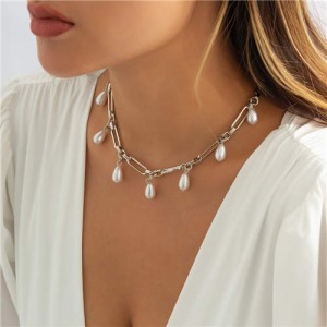 Water Drop Shape Pearls Pendant Hollow-out Alloy Chain Women Wholesale Statement Necklace - Silver