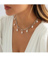 Water Drop Shape Pearls Pendant Hollow-out Alloy Chain Women Wholesale Statement Necklace - Silver