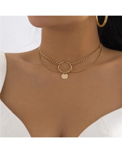 Cool Style Simple Ring Sequin Pendant Clavicle Chain Fashion Choker Necklace - Golden