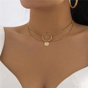 Cool Style Simple Ring Sequin Pendant Clavicle Chain Fashion Choker Necklace - Golden