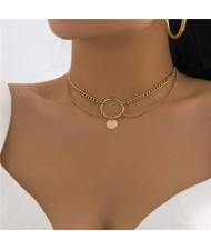 Cool Style Simple Ring Sequin Pendant Clavicle Chain Fashion Choker Necklace - Golden