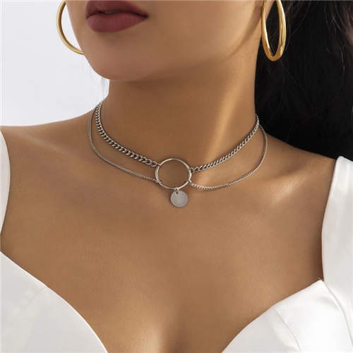 Cool Style Simple Ring Sequin Pendant Clavicle Chain Fashion Choker Necklace Silver