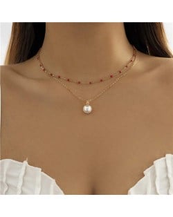 Mini Beads Decorated Pearl Pendant Double Layers Choker Wholesale Necklace - Red