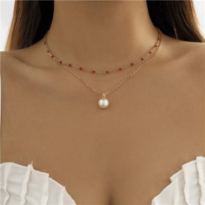 Mini Beads Decorated Pearl Pendant Double Layers Choker Wholesale Necklace - Red