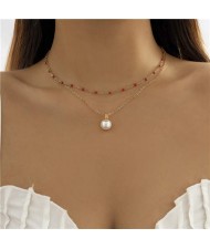 Mini Beads Decorated Pearl Pendant Double Layers Choker Wholesale Necklace - Red