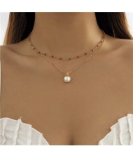 Mini Beads Decorated Pearl Pendant Double Layers Choker Wholesale Necklace - Red