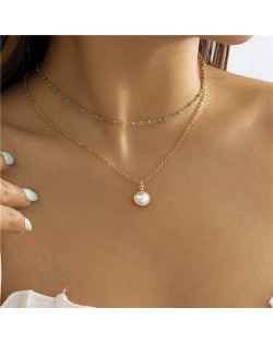 Mini Beads Decorated Pearl Pendant Double Layers Choker Wholesale Necklace - Blue
