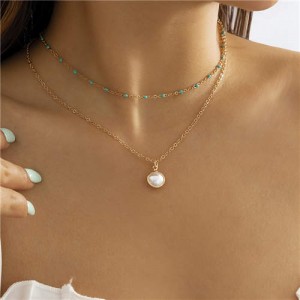 Mini Beads Decorated Pearl Pendant Double Layers Choker Wholesale Necklace - Blue
