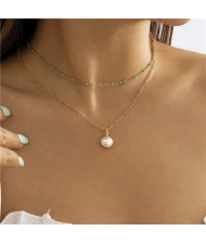 Mini Beads Decorated Pearl Pendant Double Layers Choker Wholesale Necklace - Blue