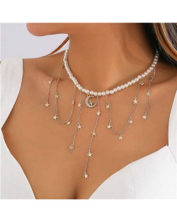 Rhinestone Star and Moon Tassel Vintage Pearl Women Wholesale Costume Necklace - Silver