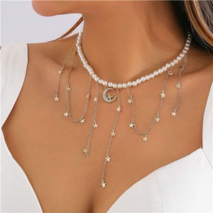 Rhinestone Star and Moon Tassel Vintage Pearl Women Wholesale Costume Necklace - Silver