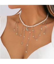 Rhinestone Star and Moon Tassel Vintage Pearl Women Wholesale Costume Necklace - Silver