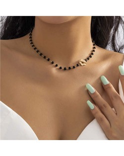 Simple Black Beads Short Clavicle Chain Vintage Flower Decorated Wholesale Choker Necklace