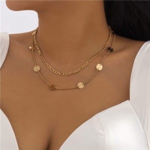 Minimalist Design Metal Sequins Double Layers Women Wholesale Costume Necklace - Golden