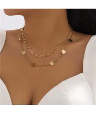 Minimalist Design Metal Sequins Double Layers Women Wholesale Costume Necklace - Golden